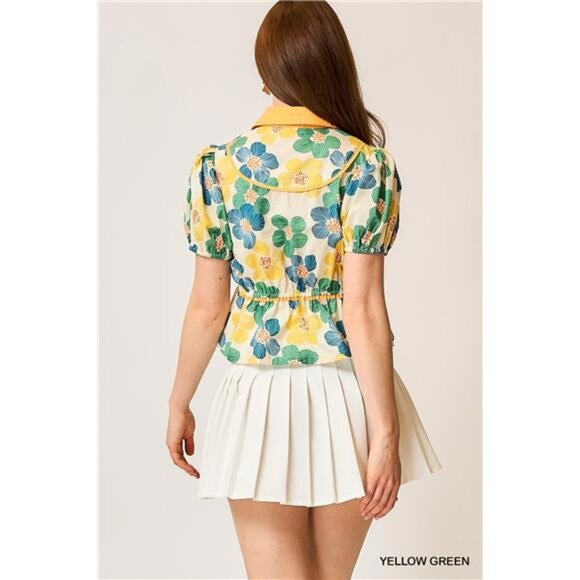 Umgee Floral Print Puff Sleeve Cropped Blouse - Picture 3 of 5